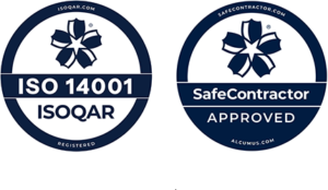 ISO14001 Cert No. 22843 and SafeContractor Certification Seal logos